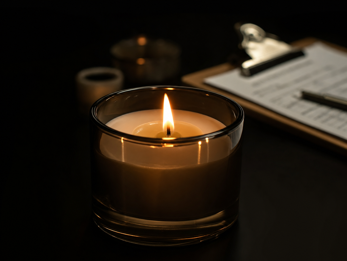 Single candle burning in a clear glass vessel beside a clipboard of test notes