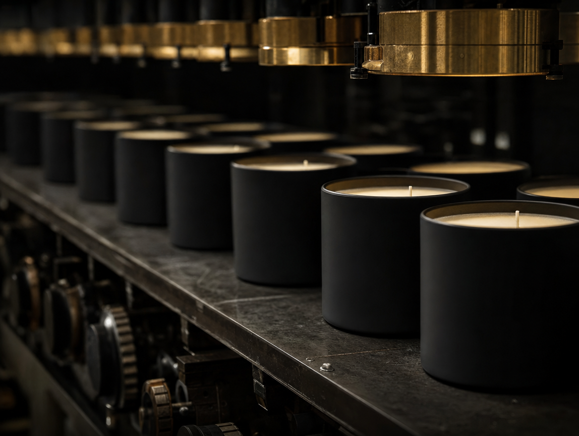 Row of matte black candle vessels filled with wax moving under brass filling heads on the production line