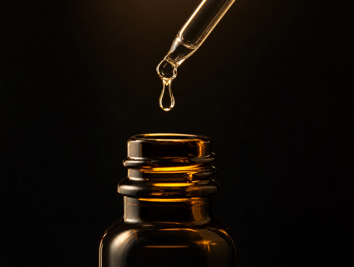 Glass pipette releasing a golden drop of fragrance oil into an amber apothecary bottle