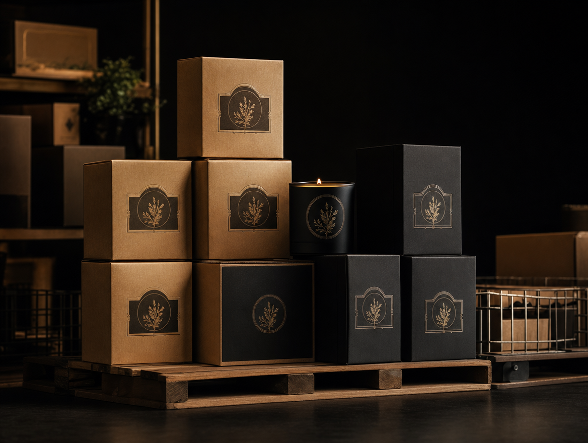 Branded kraft and black candle boxes stacked on a wooden pallet ready for shipping
